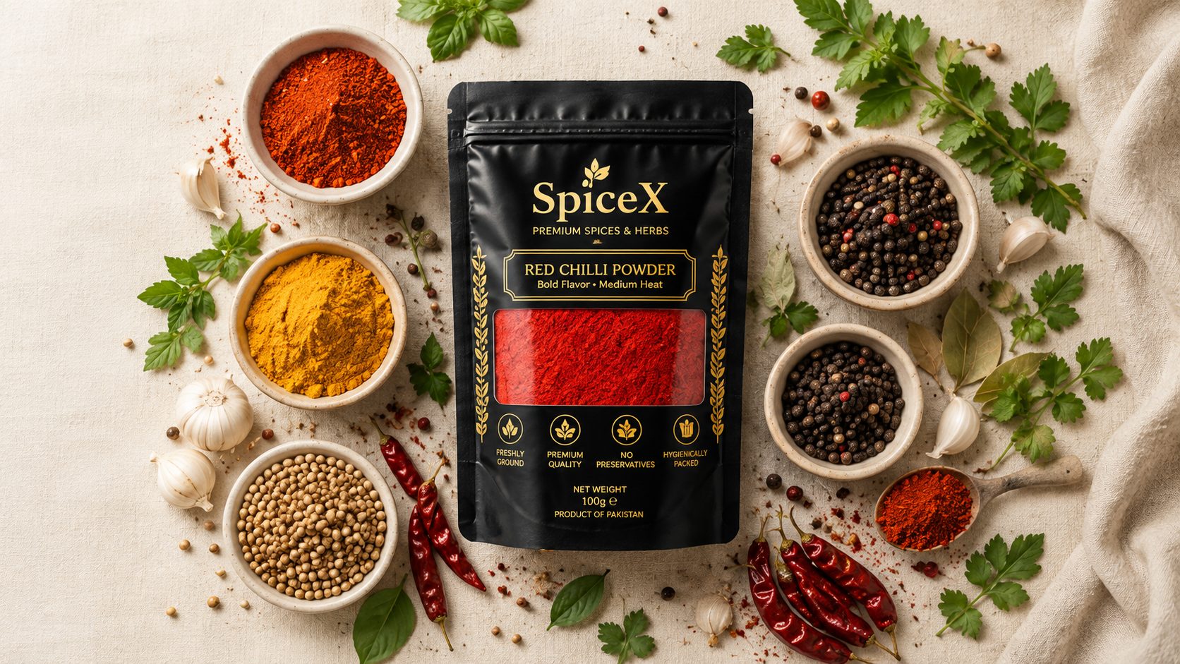 SpiceX pouch surrounded by whole spices and bowls of colorful spice powders